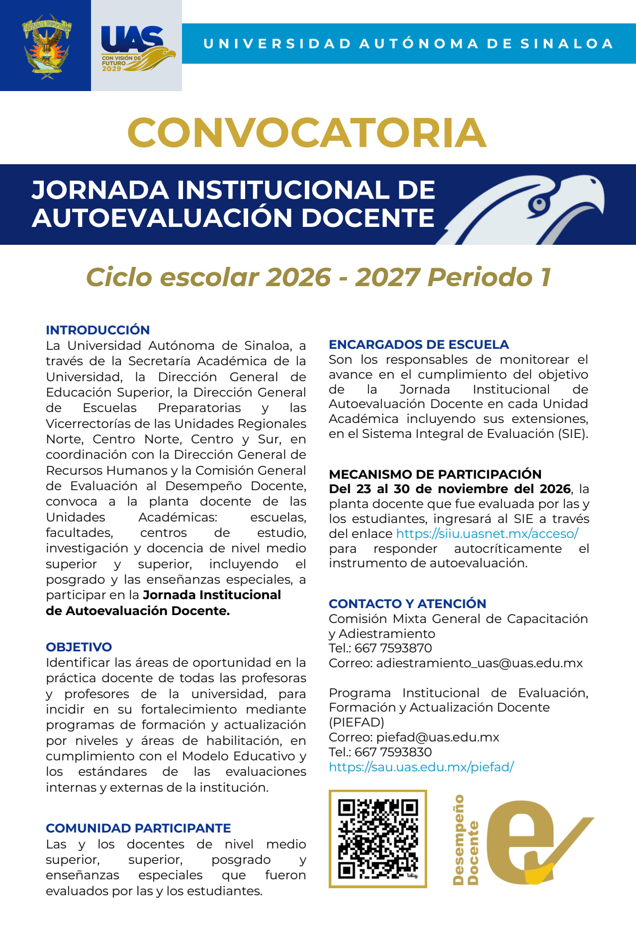 Jornada Institucional de Autoevaluaci�n Docente 2026-2027, Periodo 1