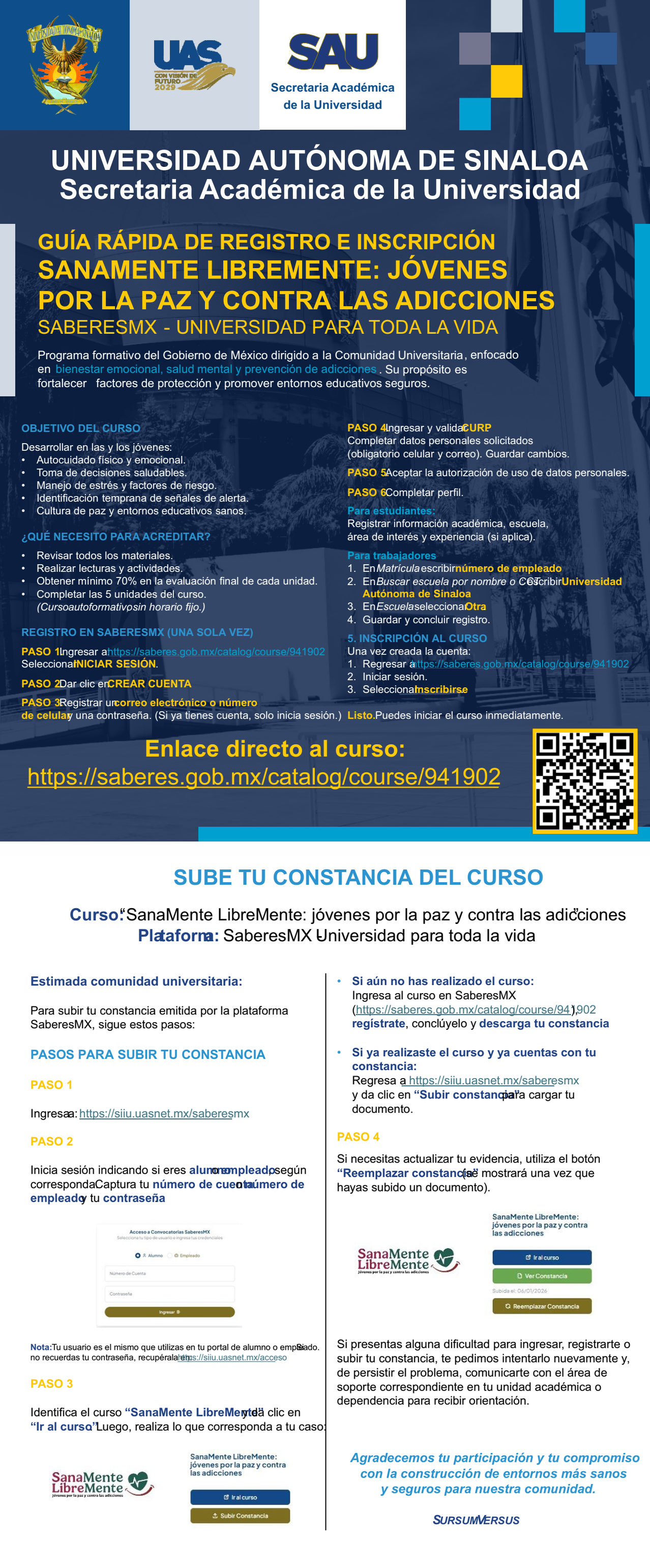 Gu�a r�pida de registro, inscripci�n y carga de constancia del curso SanaMente LibreMente