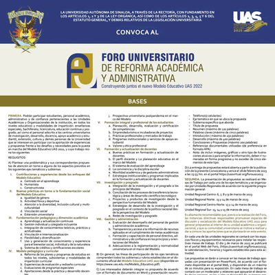 Convocatoria: Foro Universitario de Reforma Académica y Administrativa: Construyendo juntos el nuevo Modelo Educativo UAS 2022