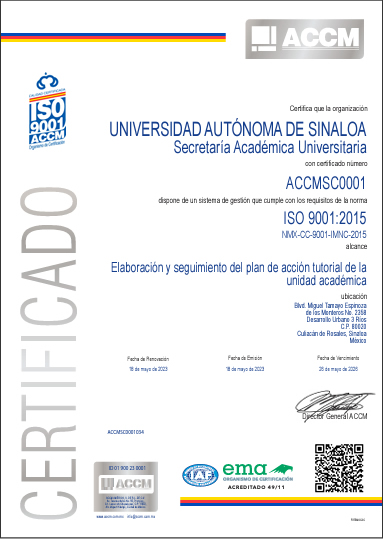 Proceso “Elaboración y Seguimiento del Plan de Acción Tutorial de la Unidad Académica”, Calidad Certificada ISO 9001:2015 ACCM Organismo de Certificación. Certificado No. ACCMSC0001