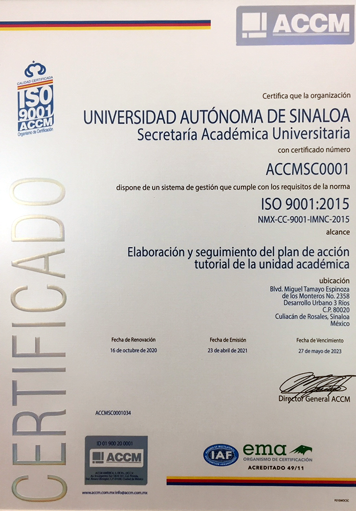 Proceso “Elaboración y Seguimiento del Plan de Acción Tutorial de la Unidad Académica”, Certificado Norma ISO 9001:2015
