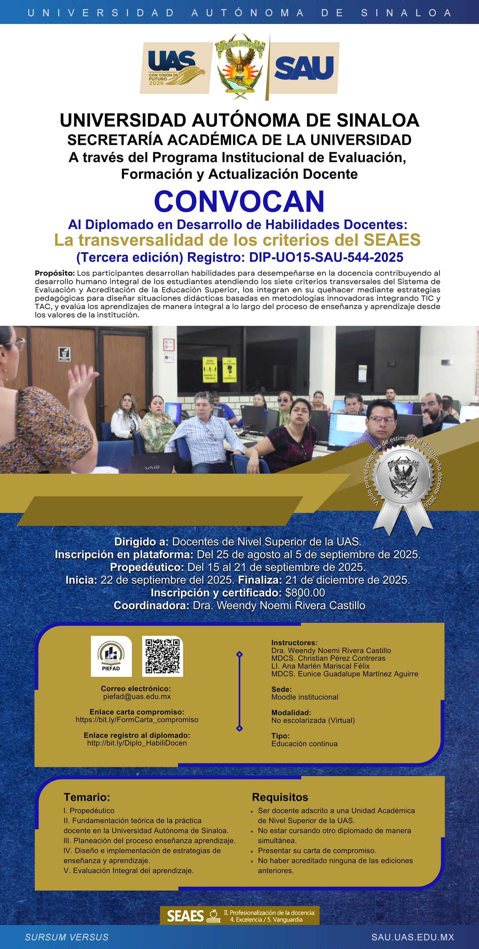 Diplomado en Desarrollo de Habilidades Docentes: La transversalidad de los criterios del SEAES. Tercera edición, 2025.