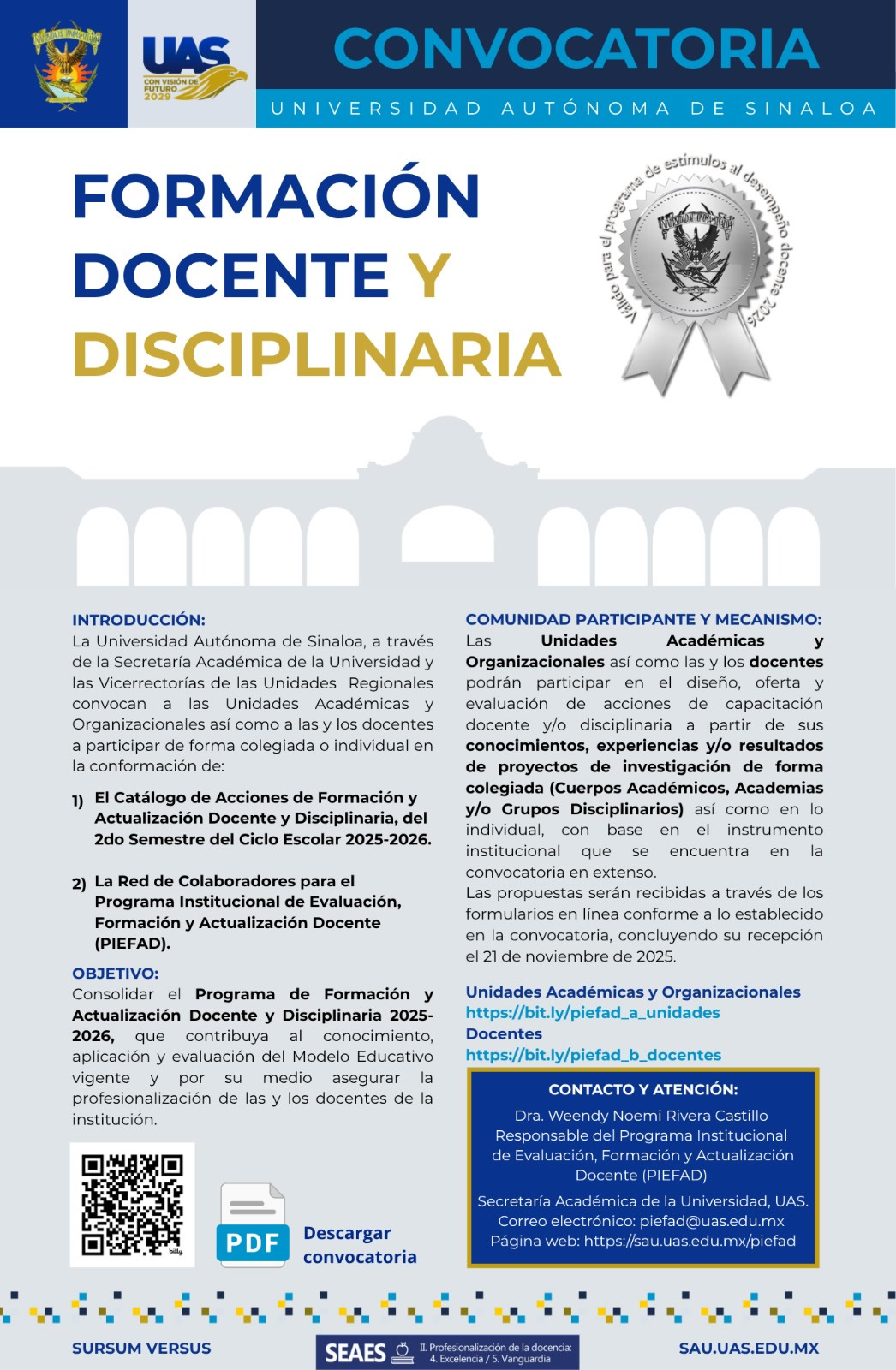 Convocatoria para la participación en el Programa y la Red de formación docente y disciplinaria UAS del 2do Semestre del Ciclo Escolar 2025-2026