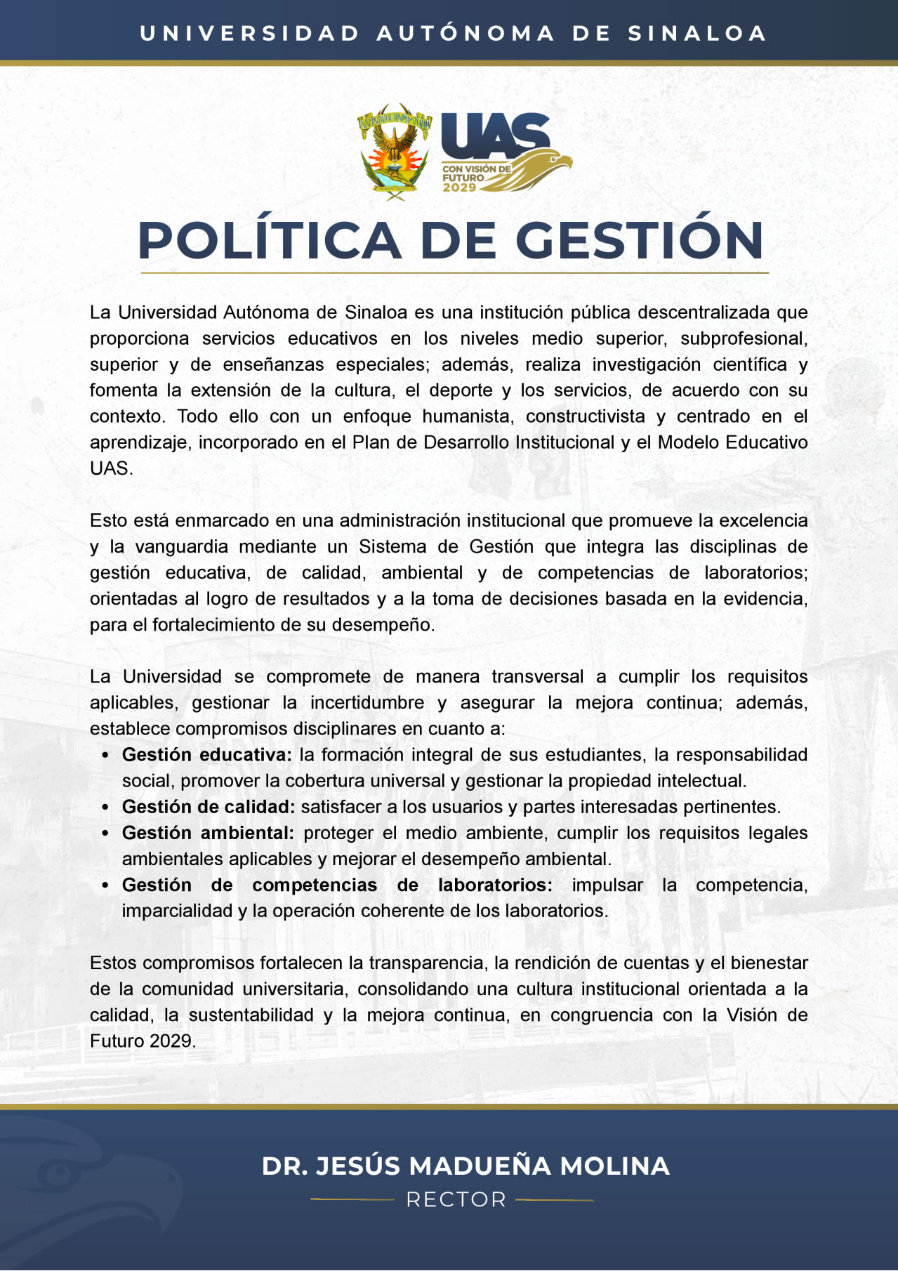 Política de Gestión de la Universidad Autónoma de Sinaloa